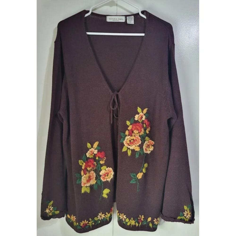 VTG Women's 1X Cardigan Sweater Brown Floral Boho Hippie Cottage Festival Fairy - Picture 1 of 12